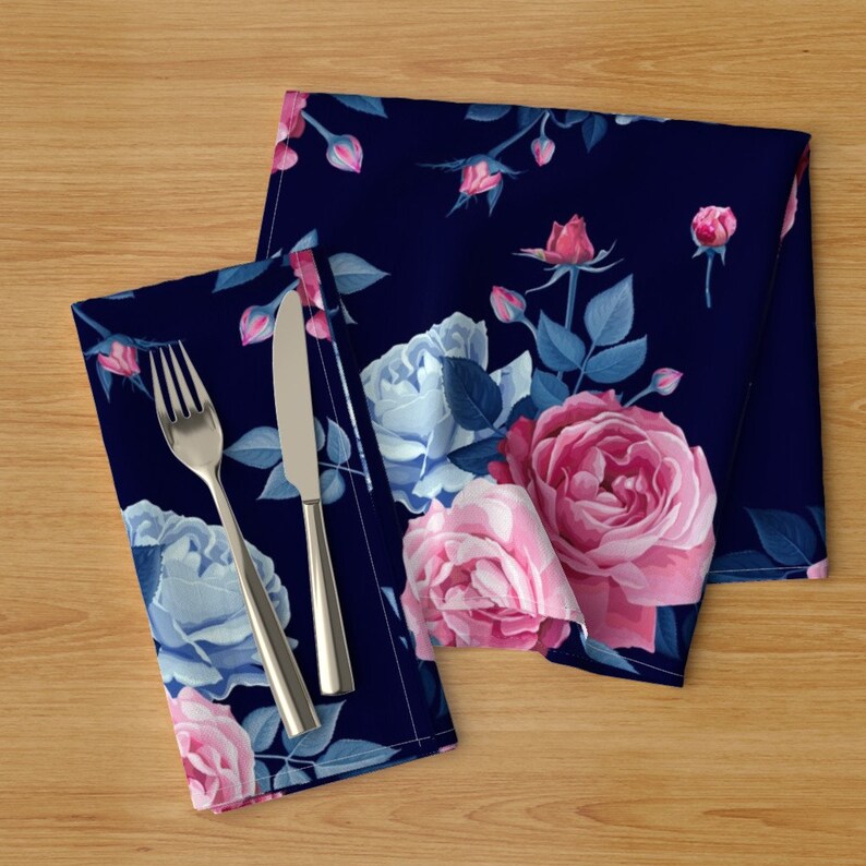 - Pink Rose Flowers by ledelena Maximalist Floral Dinner Napkins Set of 2 Romantic Rose Pink Purple Blue Cloth Napkins by Spoonflower