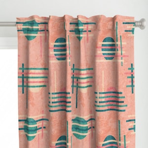 Panel de cortina con círculos de mediados de siglo - Cortina personalizada abstracta con diseño geométrico celestial, luna, verde azulado y coral - Amanecer y atardecer de wickedrefined