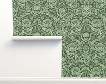 Green Damask Non-Pasted Wallpaper Victorian Garden Botanical - Victorian Floral by me_coco_design Wallpaper Double Roll by Spoonflower