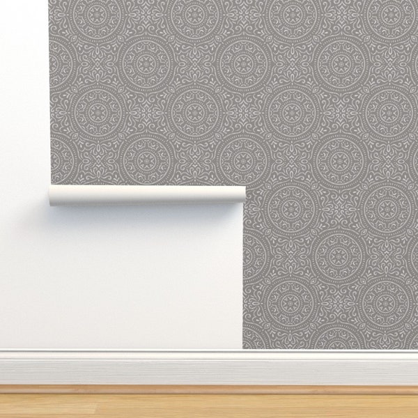 Neutral Mandala Commercial Grade Wallpaper - Watercolor Mandala Warm Gray by erikamauer - Gray White Wallpaper Double Roll by Spoonflower