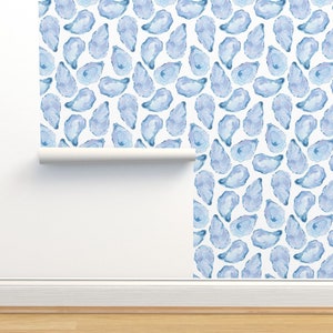 Ocean Non-Pasted Wallpaper Watercolor Blue Nautical Mussel Shells - Watercolor Mussels by gertandco Wallpaper Double Roll by Spoonflower