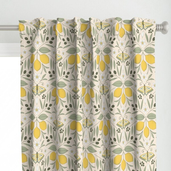 Yellow Curtain Panel - Lemon Butterfly Damask by dalightdesign -  Butterfly Damask Olive Lemon Italy Custom Curtain Panel by Spoonflower