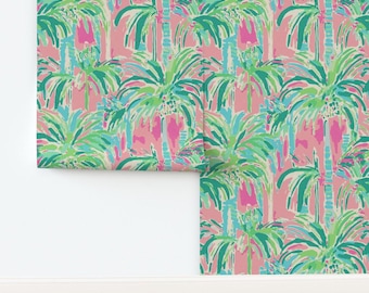 Abstract Botanical Non-Pasted Wallpaper Green Pink Aqua Coastal Beach Trees - Tropical Palm Tree by dentzdecor Wallpaper by Spoonflower