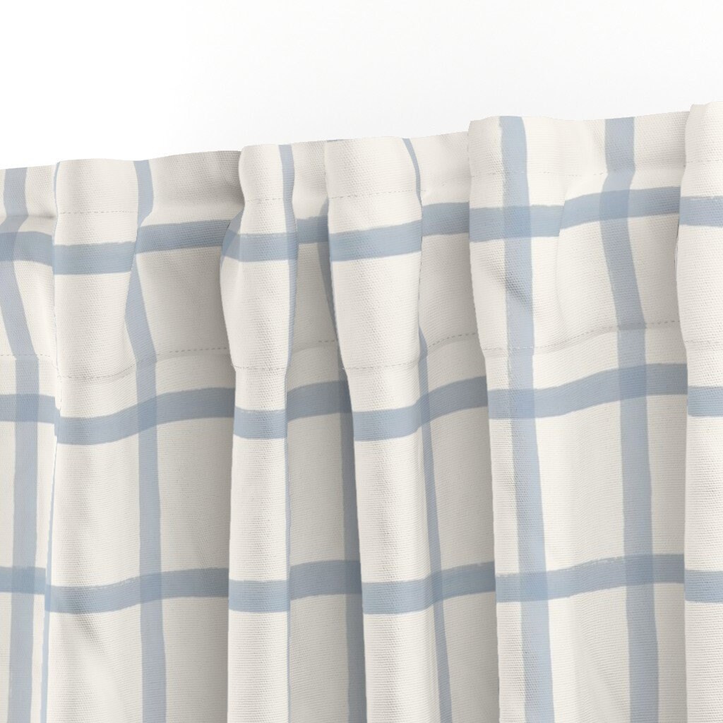 Sky Blue Grid Curtain Panel - Cream Blue Plaid Grid Light Blue Check ...