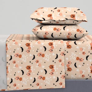 Neutral Halloween Sheets - Pumpkins Bats And Spiders by littlesmilemakers - Vintage Retro Cotton Sateen Sheet Set Bedding by Spoonflower