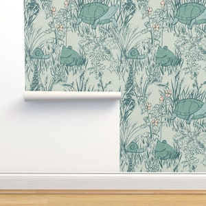 Meadow Wildlife Non-Pasted Wallpaper - Meadow by byre_wilde - Whimsical Tortoise Snail Toad Frog Garden Wallpaper Double Roll by Spoonflower