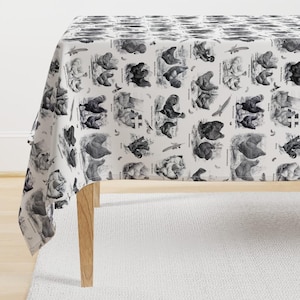 Farm Animal Tablecloth - Poultry Envy White Black Toile  by wickedrefined - Vintage Toile Farmhouse Cotton Sateen Tablecloth by Spoonflower