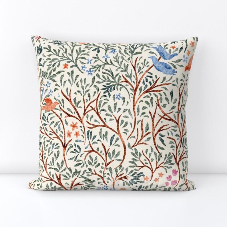Whimsical Throw Pillow - Cottagecore Nature Trees Leaves Birds Floral Decorative Square Throw Pillow - Birds And Branches by mona_ahmed image 2