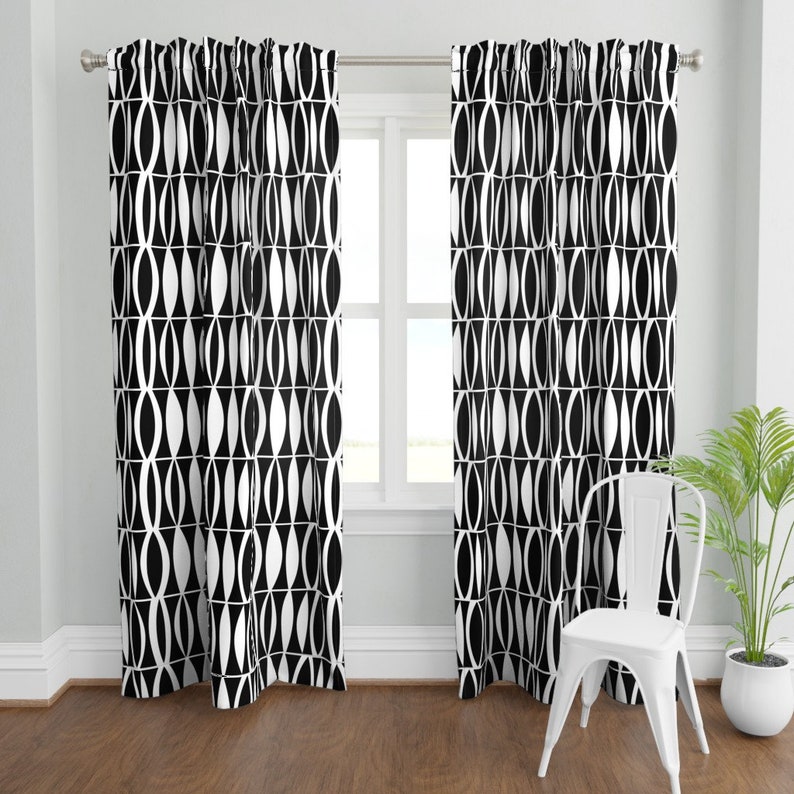 Midcentury Curtain Panel Black White Leaf by Wren_leyland Etsy