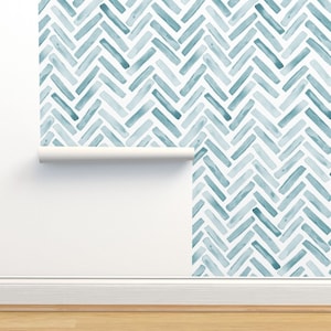 Geometric Non-Pasted Wallpaper - Watercolor Herringbone Blue by erin__kendal - Watercolor Boho Chevron Wallpaper Double Roll by Spoonflower