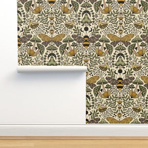 Nouveau Nature Commercial Grade Wallpaper - Natural Habitat Of Bees And Moths by ozdebayer - Green Moth Wallpaper Double Roll by Spoonflower