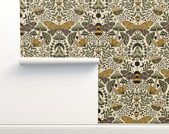 Nouveau Nature Commercial Grade Wallpaper - Natural Habitat Of Bees And Moths by ozdebayer - Green Moth Wallpaper Double Roll by Spoonflower
