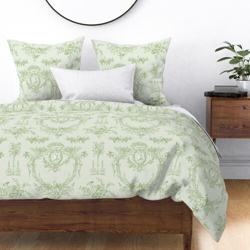French Duvet Cover Marie Toile Basil Green on Blue by Etsy