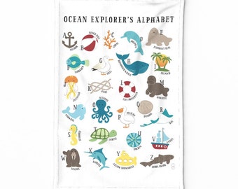 Nautical Abcs Tea Towel - Ocean Explorer Alphabet by campclever - Coastal Beach Learning Linen Cotton Canvas Tea Towel by Spoonflower