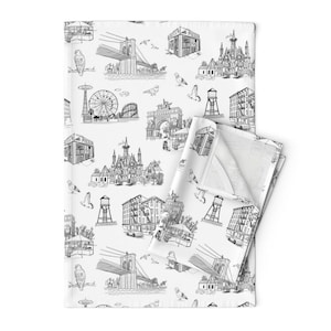 New York City Tea Towels (Set of 2) - Brooklyn Toile by dasbrooklyn - Landmarks Black And White Linen Cotton Tea Towels by Spoonflower