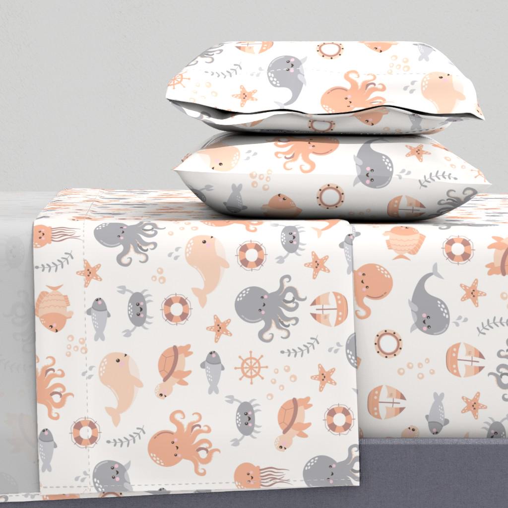 Whimsical Coastal Sheets - Baby Ocean Animals by trilbyworks - Nautical Coral Orange Gray Cotton Sateen Sheet Set Bedding by Spoonflower
