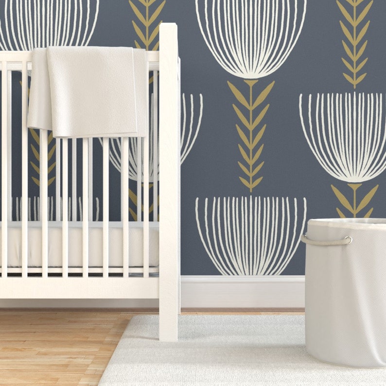 Retro Mod Floral Commercial Grade Wallpaper Flora Gray by Etsy