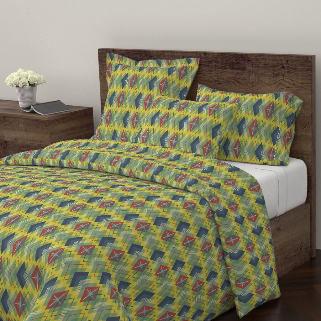 Mid Century Duvet Cover Old Diamonds Atomic Lemon By Siya Etsy
