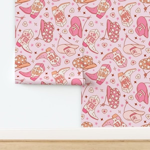 Retro Cowgirl Non-Pasted Wallpaper - Boots And Hats by camilaprints - Cowboy Hat Western Boots Howdy Wallpaper Double Roll by Spoonflower