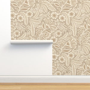Farmhouse Floral Non-Pasted Wallpaper - Trailing Floral by jen_owens - Botanical Taupe Tan Cream Wallpaper Double Roll by Spoonflower