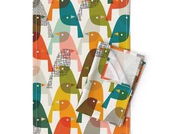 Set di 2 strofinacci da cucina con uccelli - Design moderno astratto arcobaleno colorato natura fauna selvatica bianco giallo verde lino cotone - Midmod Birding by katerhees