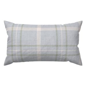 May include: A rectangular throw pillow featuring a light blue fabric base with a woven plaid pattern. The design consists of intersecting white and muted sage green stripes that form a classic grid across the entire surface of the pillow cover.