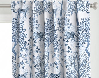 Leopard Chinoiserie Curtain Panel - Vintage Style Blue And White Custom Curtain Panel - Large Leopard Toile by danika_herrick -