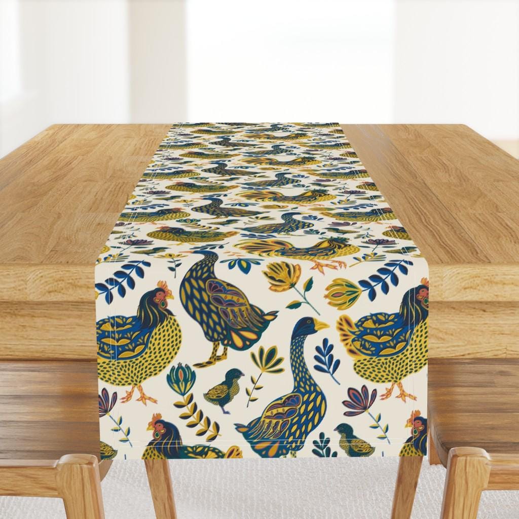 Farmhouse Floral Table Runner - French Farm by lapetitelecour - Goose Rooster Modern Farmhouse Hen Cotton Sateen Table Runner by Spoonflower