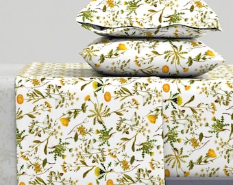 Dandelions Sheets - Yellow Botanical Wildflowers by utart - Vintage Farmhouse Summer Floral  Cotton Sateen Sheet Set Bedding by Spoonflower