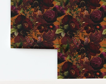 Moody Rust Rose Non-Pasted Wallpaper Romantic Chintz Maximalism Bold Floral - Maximalist Burgundy Floral by utart Wallpaper by Spoonflower