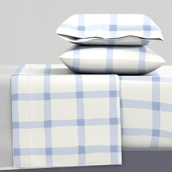 Cottagecore Bettwäsche Set blau kariert Gingham von meela - kariert Gingham kariert blau Baumwollsatin CabinCore Baumwollsatin Bettwäsche von Spoonflower