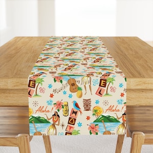 Hula Girl Table Runner - Mid Century Tiki Ukelele Hibiscus Retro Mod  Cotton Sateen Table Runner - Hawaiian Holiday Aloha Retro by ruby_ritz