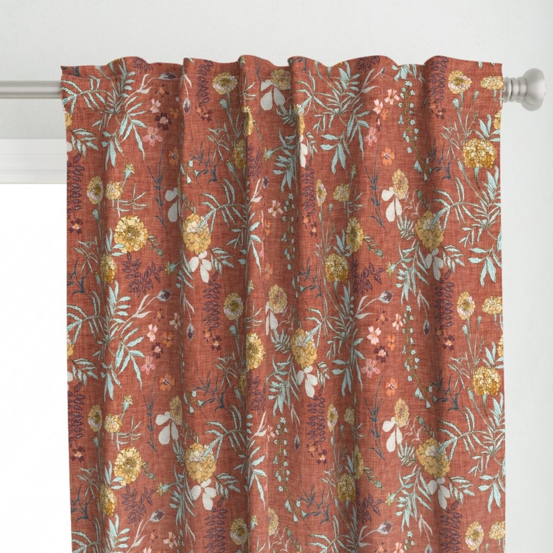 Terra Cotta Floral Curtain Panel Marigold Love Rust by Etsy