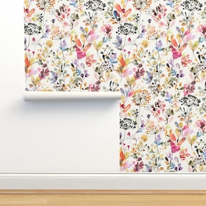 Papel tapiz de acuarela sin pegar - Hierbas silvestres grandes de ninola-design - Papel tapiz de campo botánico de pradera de doble rollo de Spoonflower