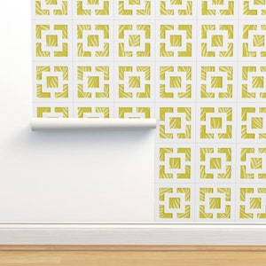 Mid Century Modern Tapete - Gelb Grüne Tapete für Doppelrolle mia_valdez - Quadratische Blöcke Chartreuse von Spoonflower