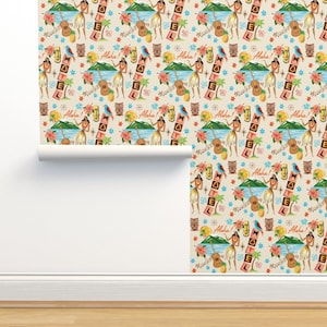 Hula Girl Non-Pasted Wallpaper - Hawaiian Holiday Aloha Retro by ruby_ritz - Mid Century Tiki Ukelele  Wallpaper Double Roll by Spoonflower