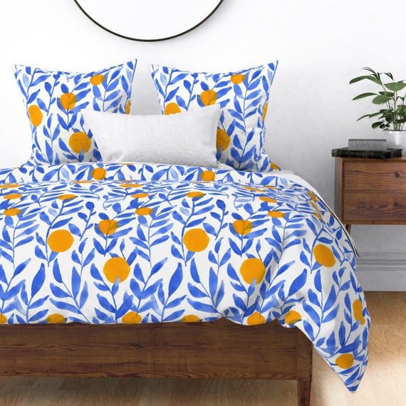 Lemon Citrus Branches Print Garden Quilted Bedspread & Pillow Shams Set 