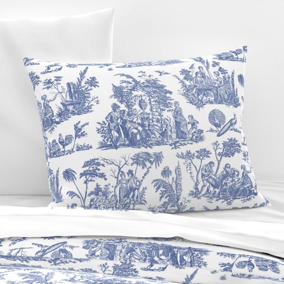 Peacoquettedesigns Traditionelle Toile Bettwäsche - Französisch Romantische Blaue Baumwollsatin Bettbezug ODER Kissenbezüge von Spoonflower