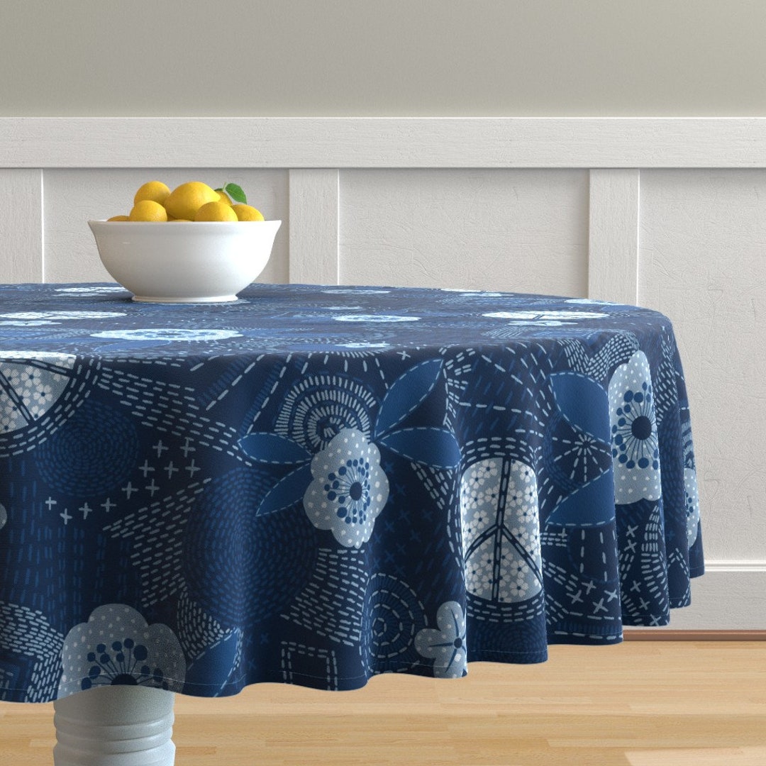 Denim Blue Round Tablecloth Blue Jeans Sashiko by Dessineo Etsy