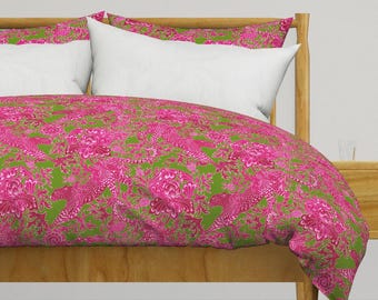 Chinoiserie Bedding - Fuschia Cheetah by hnldesigns - Maximalist Chintz Hot Pink  Cotton Sateen Duvet Cover OR Pillow Shams by Spoonflower