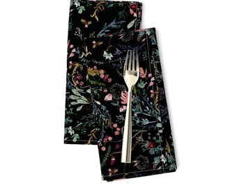 Moody Floral Dinner Napkins (Set of 2) - Fable Floral Black by nouveau_bohemian - Black Garden Woven Look Cloth Napkins by Spoonflower