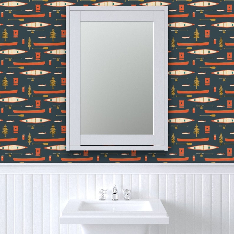 Rustiek vliesbehang Lake Life Camping Woodland Nature - Lake Canoes And Oars van coitcreative Wallpaper Double Roll van Spoonflower afbeelding 2
