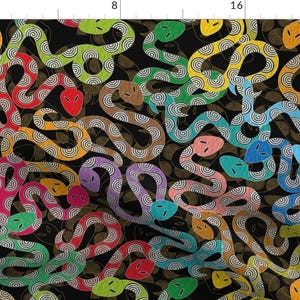 May include: A black background with a repeating pattern of colorful snakes with swirling patterns. The snakes are in various shades of red, orange, yellow, green, blue, and purple.