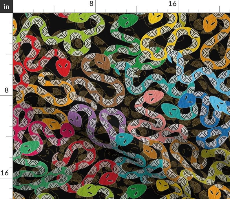 May include: A black background with a repeating pattern of colorful snakes with swirling patterns. The snakes are in various shades of red, orange, yellow, green, blue, and purple.