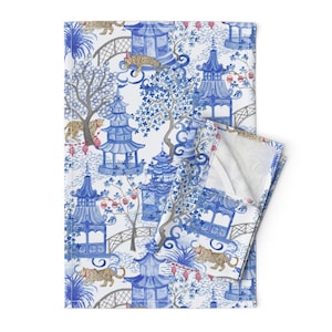 Pagoda Forest Tea Towels (Set of 2) - Party Leopards by danika_herrick - Chinese Chinoiserie Lanterns Linen Cotton Tea Towels by Spoonflower