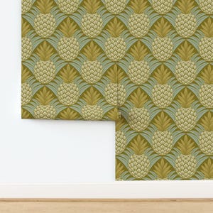 Ananas-Tapete (nicht vorgekleistert) Moosgrün Hellblau Tropische Früchte Retro - Art Deco Ananas von graf_katz Tapete von Spoonflower
