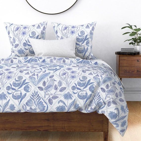 Blue Duvet Cover Floral Toile by Denesannadesign Flowers - Etsy