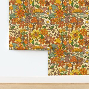 Vintage Hippy Floral Non-Pasted Wallpaper Earth Tones Mushrooms Retro 70s  - Toadstools & Flowers  by kimmygowland Wallpaper by Spoonflower