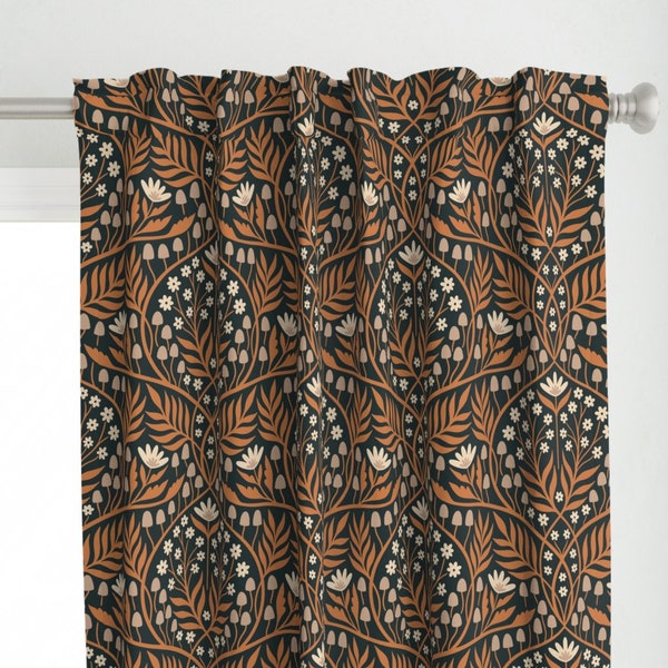 Autumnal Floral Curtain Panel - Botanical Damask by carysmula - Vintage Flowers Orange Taupe Brown Custom Curtain Panel by Spoonflower