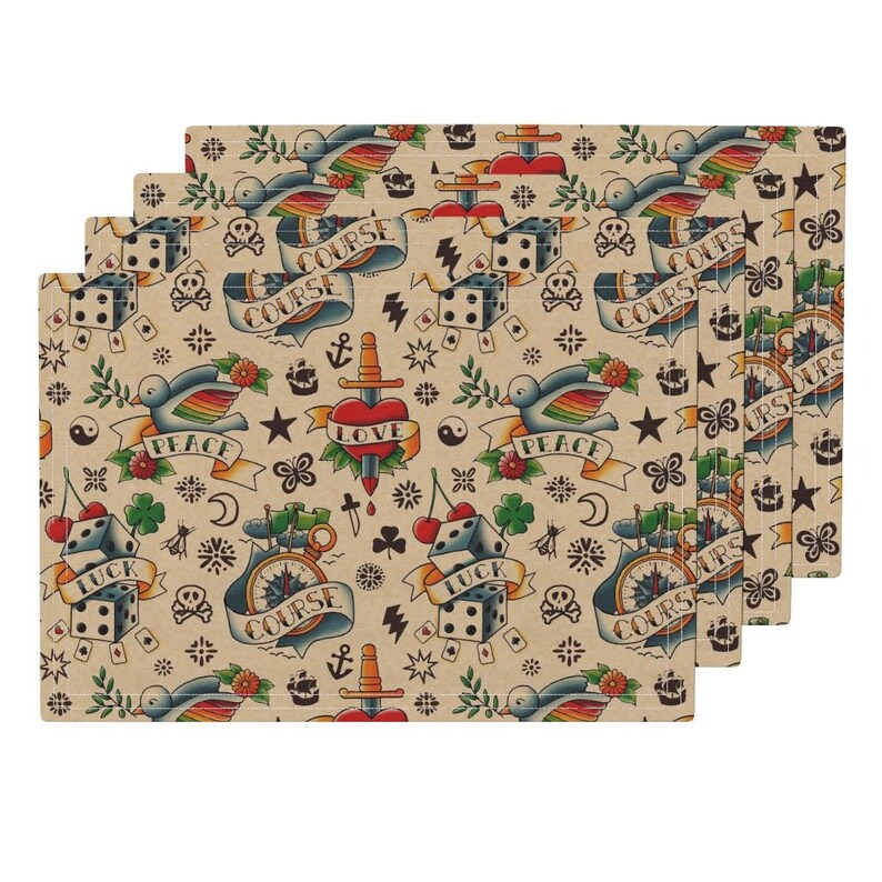 Set of 4 - Old Tattoos Good Wishes by analinea Retro Placemats Rockabilly Tattoo Old School Heart Love Cloth Placemats by Spoonflower